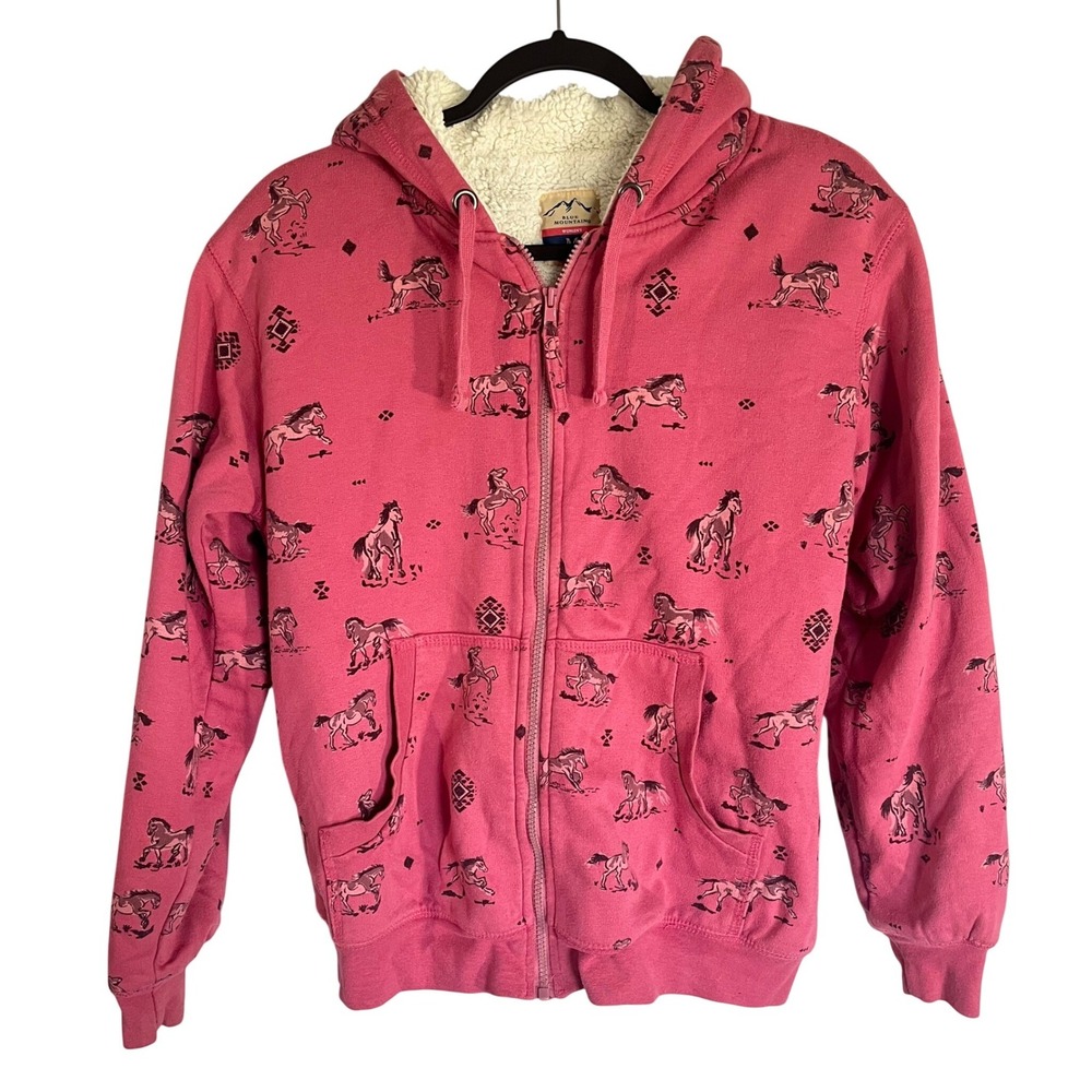 Horse Print Zip Up Fleece Lined Sweatshirt Size M Pink Barn Muck Chore Hoodie